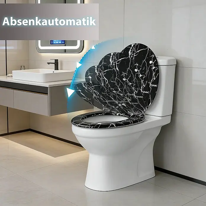 SAINOS WC-Sitz MDF WC-Sitz O-Form Absenkautomatik bis 190 kg Untermontage - MDF, Schwarz, Mit Absenkautomatik - Toilettensitz mit schwarzem Marmormuster und Absenkautomatik, geöffnet in einem modernen Bad dargestellt.