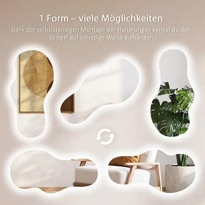 Unregelmäßiger LED-Spiegel -  - Asymmetrischer Spiegel mit flexibler Montage, reflektiert Wohnraum-Szenen und bietet vielfältige Aufhängemöglichkeiten.