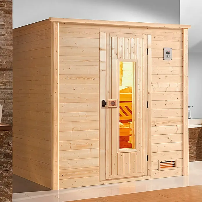 Weka Massivholzsauna Bergen 1 HT - Ohne Ofen, L x B x H: 148 x 198 x 203,5 cm, Natur - Abgebildet ist eine moderne Holzsauna für den Innenbereich mit Glastür und Temperaturregler.