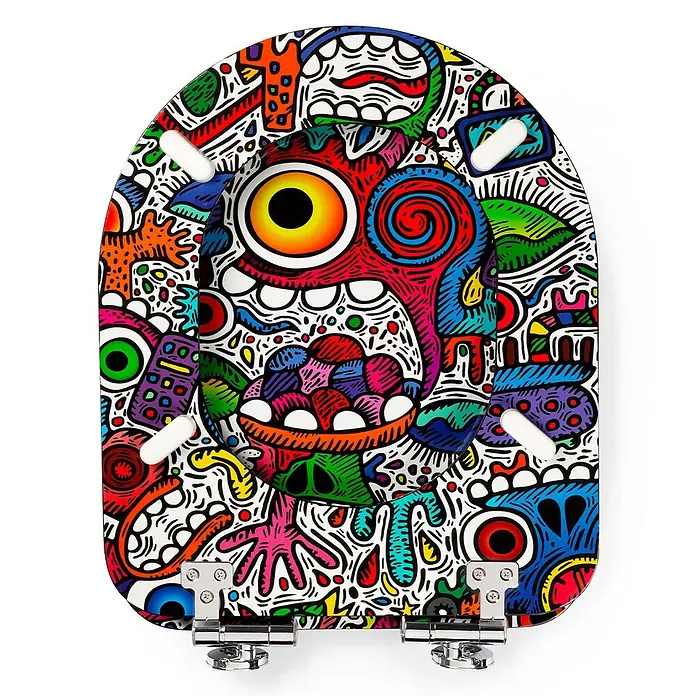 Tohaa Design WC-Sitz Crazy Maniac Modern-D - Skwak -  - Lebendiger Toilettensitz mit detaillierter, farbenfroher Doodle-Monsterkunst, mit vielen Augen und abstrakten Figuren.