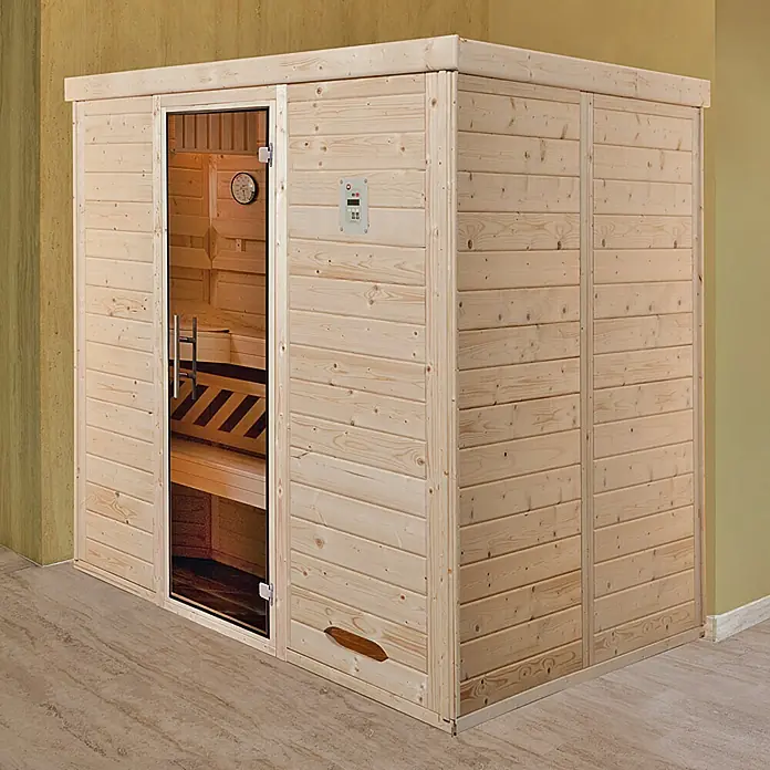 Weka Massivholzsauna KEMI 7,5 kW BioS GT Gr.4 - L x B x H: 195 x 193 x 200 cm, Mit 7,5 kW Bio-Ofen mit externer Steuerung - Diese moderne Sauna bietet eine entspannende Auszeit. Die Holzausstattung und Glastür laden zum Verweilen ein.
