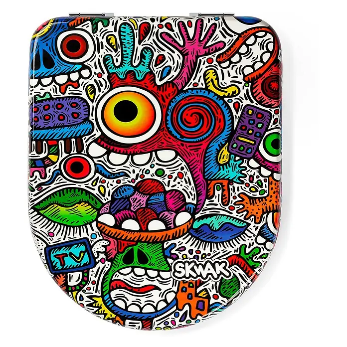 Tohaa Design WC-Sitz Crazy Maniac Modern-D - Skwak -  - Ein Toilettendeckel mit einem lebendigen, doodle-artigen Kunstwerk, das farbenfrohe Monster, Augen und abstrakte Formen zeigt.