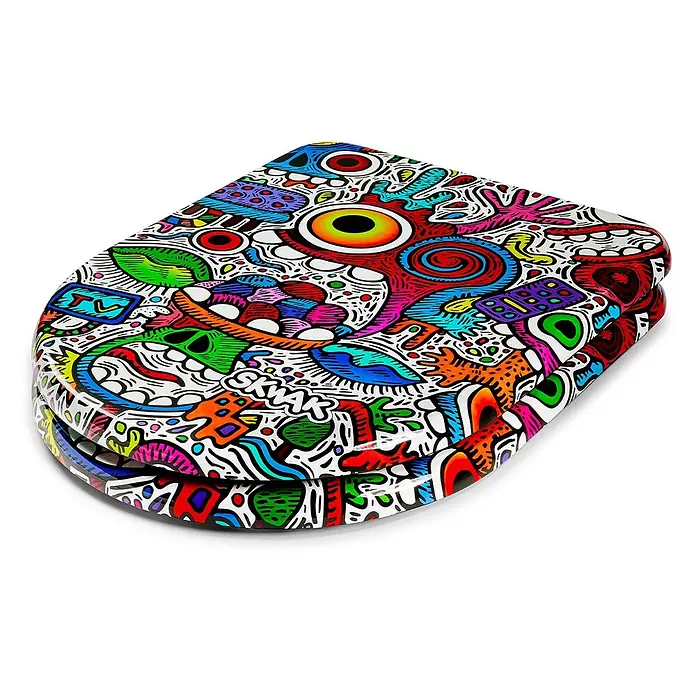 Tohaa Design WC-Sitz Crazy Maniac Modern-D - Skwak -  - Glänzender Toilettensitz mit lebhaftem, kompliziertem Graffiti-Muster, das Monster und abstrakte Designs zeigt.