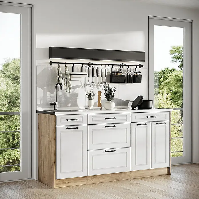 Vicco Küchenleerblock - Breite: 160 cm, Weiß Landhaus - Weiße Küchenunterschrankzeile mit Holzoptik-Seiten und -Sockel, weißer Arbeitsplatte, schwarzen Griffen, Spüle und Hängeleiste. Ideal für kompakte Küchenbereiche.