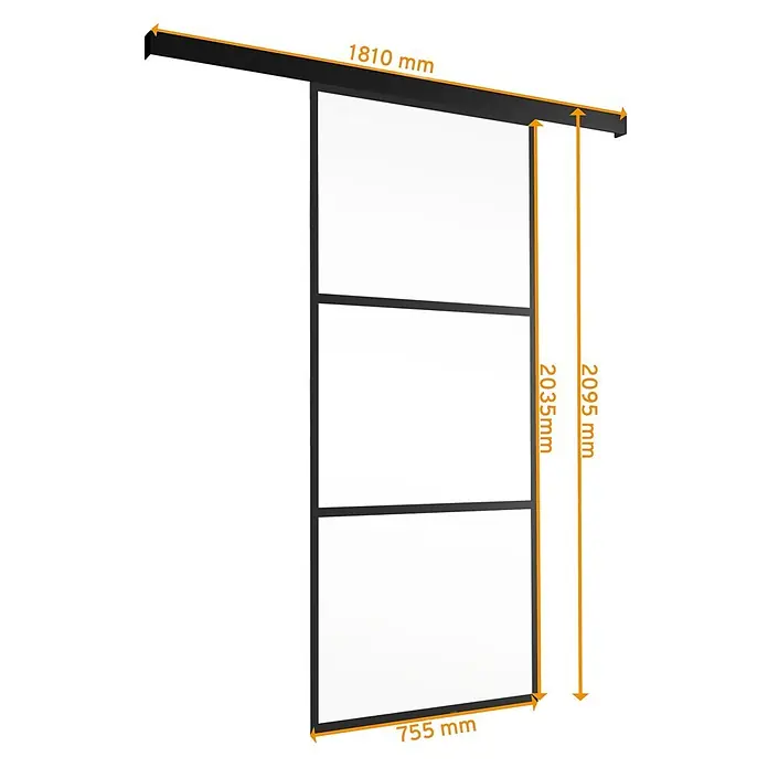 Glasschiebetür Loft Komplettset ESG Klarglas 3 Felder 755x2035 Softclose -  - Schiebetür aus Glas mit schwarzem Rahmen und Laufschiene. Tür 755x2035mm, Gesamthöhe 2095mm, Schiene 1810mm.