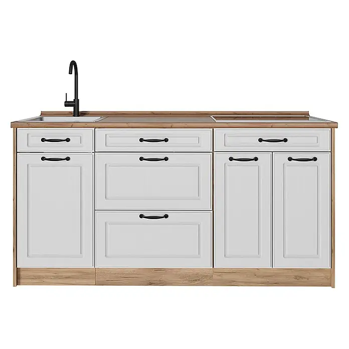 Vicco Küchenleerblock - Breite: 160 cm, Weiß Landhaus - Weiße Küchenzeile mit Holzplatte und Sockel, Spüle, schwarzem Wasserhahn, Kochfeld und Schränken/Schubladen mit schwarzen Griffen.