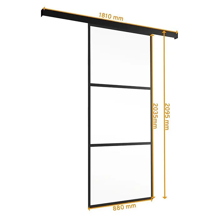 Glasschiebetür Loft Komplettset ESG Klarglas 3 Felder 880x2035 -  - Schwarz gerahmte Schiebetür mit 3 Klarglaspaneelen. Höhe 2095mm, Schienenbreite 1810mm.