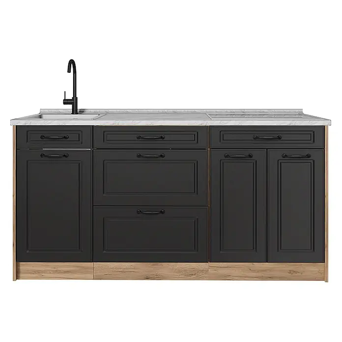 Vicco Küchenleerblock - Breite: 160 cm, Anthrazit Landhaus - Dunkelgraue Küchenunterschrankzeile mit heller Marmor-Arbeitsplatte, Spüle, schwarzer Armatur und heller Holzblende.