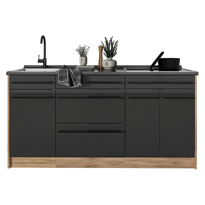 Vicco Küchenleerblock - Breite: 160 cm, Anthrazit Landhaus - Kompakte dunkelgraue Küchenzeile mit Spüle, Kochfeld, schwarzen Griffen und heller Holzoptik-Basis.