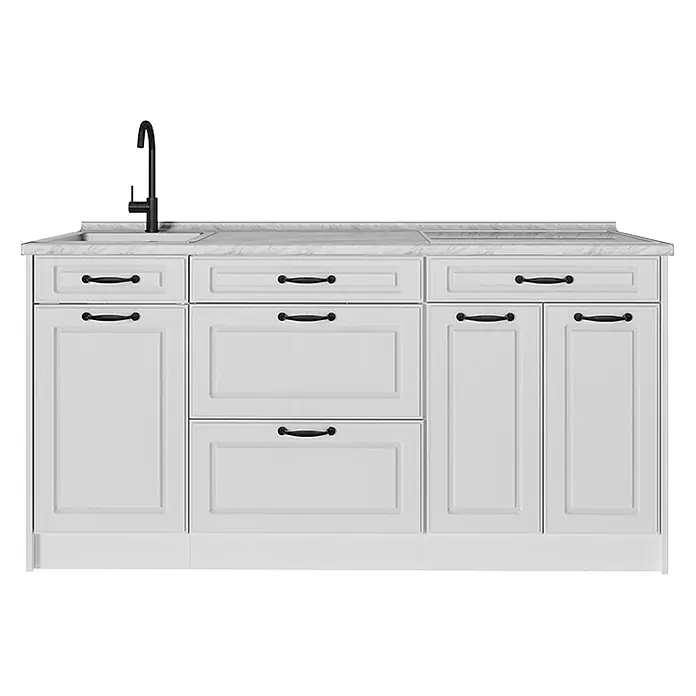 Vicco Küchenblock R-Line, Weiß Landhaus/Weiß 160 cm -  - Weißer Küchenunterschrank mit heller Marmor-Arbeitsplatte, schwarzer Armatur und schwarzen Griffen, mit Paneeltüren und Schubladen.