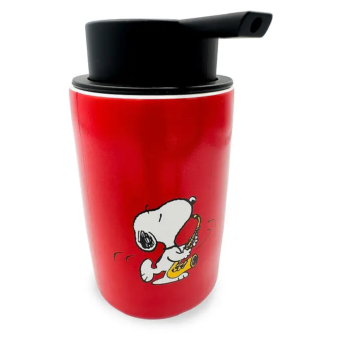 TohaaDesign Seifenspender - L x B x H: 14 x 10 x 14 cm, Keramik, Mehrfarbig - Roter Flüssigseifenspender mit schwarzer Pumpe, mit Snoopy, der Saxophon spielt.