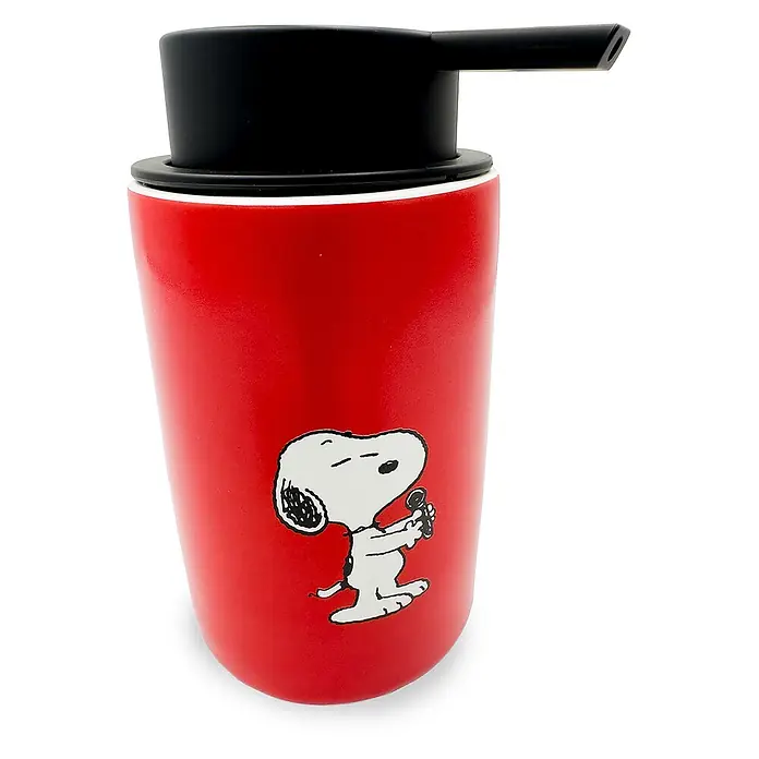 TohaaDesign Seifenspender - L x B x H: 14 x 10 x 14 cm, Keramik, Mehrfarbig - Roter Seifenspender mit schwarzer Pumpe, Snoopy hält ein Mikrofon.