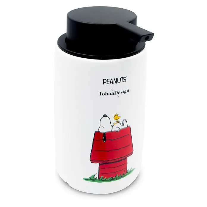 Tohaa Design Seifenspender Snoopy House - Peanuts -  - Weißer Peanuts Seifenspender mit schwarzer Pumpe, mit Snoopy und Woodstock auf einer roten Hundehütte.
