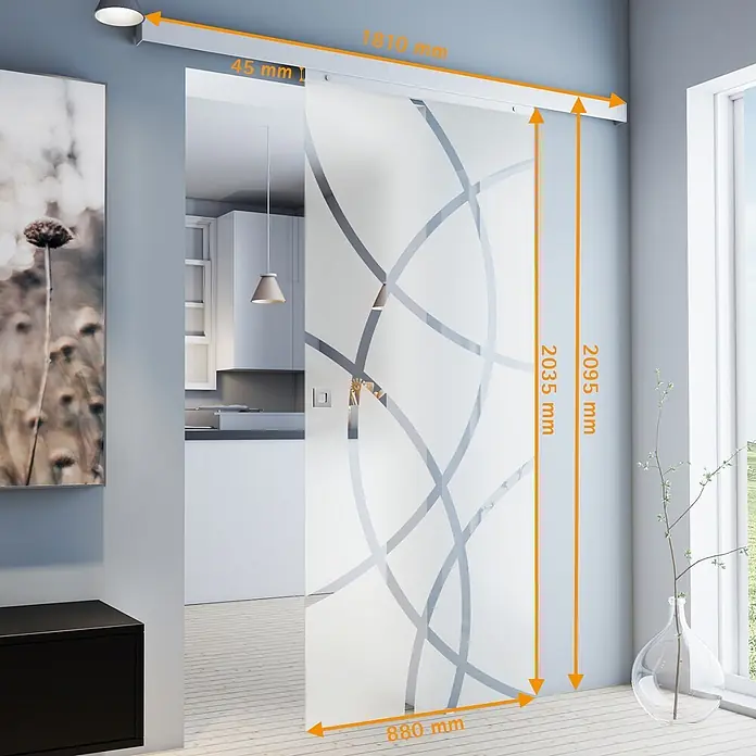 Glasschiebetür Komplettset ESG Kreise 880x2035 Quadratgriff Softclose -  - Milchglas-Schiebetür mit weißer Schiene, grauem Muster und Maßen (2035x880 mm Tür, 1810 mm Schiene).
