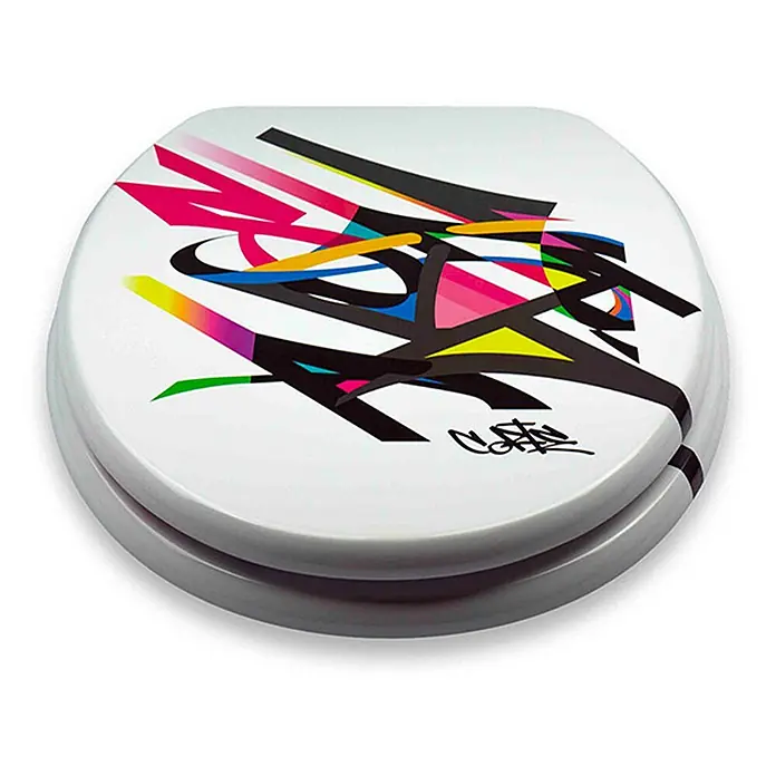 Tohaa Design WC-Sitz Saray03 - Camilo Ortega F. alias Corte -  - Weißer Toilettensitz mit buntem, abstraktem Graffiti-Design auf dem Deckel.