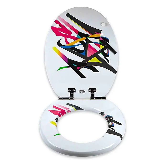 Tohaa Design WC-Sitz Saray03 - Camilo Ortega F. alias Corte -  - Weißer Toilettensitz und -deckel mit lebendigem, abstraktem Graffiti-Design.