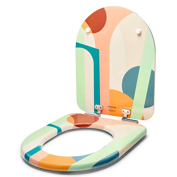 TohaaDesign WC-Sitz Roma Modern-D - Florence Bourel -  - Bunter Toilettensitz mit abstrakten geometrischen Mustern, offen und bereit zur Installation.