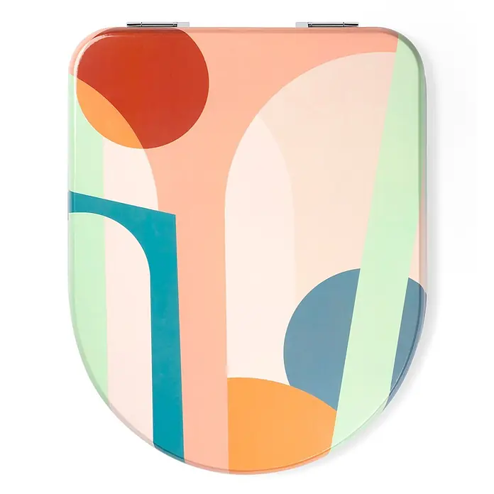 TohaaDesign WC-Sitz Roma Modern-D - Florence Bourel -  - Bunter Toilettensitz mit abstrakt-geometrischen Mustern in Orange-, Blau-, Grün- und Pfirsichtönen.
