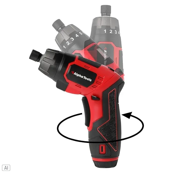 Alpha Tools Akkuschrauber - 3,6 V, 1 Akku, 2 Ah, 5 Nm - Rot-schwarzer Alpha Tools Akkuschrauber, einstellbarer Kopf mit Drehmomenteinstellungen 1-5 und USB-C-Anschluss.