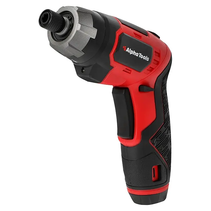 Alpha Tools Akkuschrauber - 3,6 V, 1 Akku, 2 Ah, 5 Nm - Rot-schwarzer Alpha Tools Akku-Schrauber mit Schnellwechsel-Bohrfutter, ergonomischem Griff und integrierter LED-Leuchte.