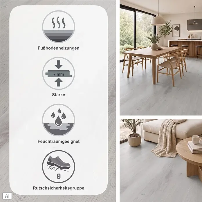 b!design Vinylboden Isocore Inside - Chamonix, Landhausdiele, 1.510 x 300 x 7 mm - Heller, holzfarbener Bodenbelag, 7 mm stark, für Fußbodenheizung und Feuchträume geeignet, Rutschsicherheitsgruppe 9.