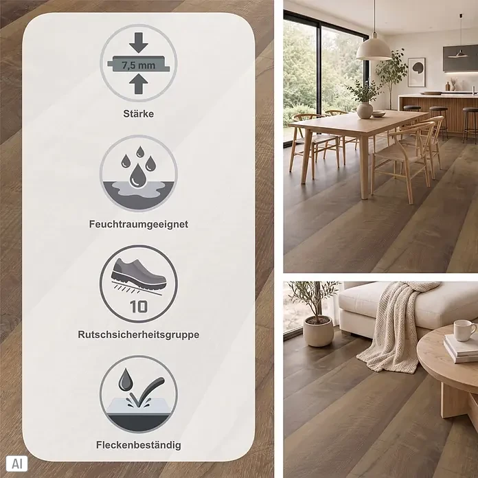 Vinylboden Sly XL - Buckingham Oak, Landhausdiele, 1.510 x 220 x 7,5 mm - Brauner Holzoptik-Bodenbelag, 7,5mm stark, feuchtigkeits-, rutsch- und fleckenbeständig, gezeigt in modernen Wohnräumen.