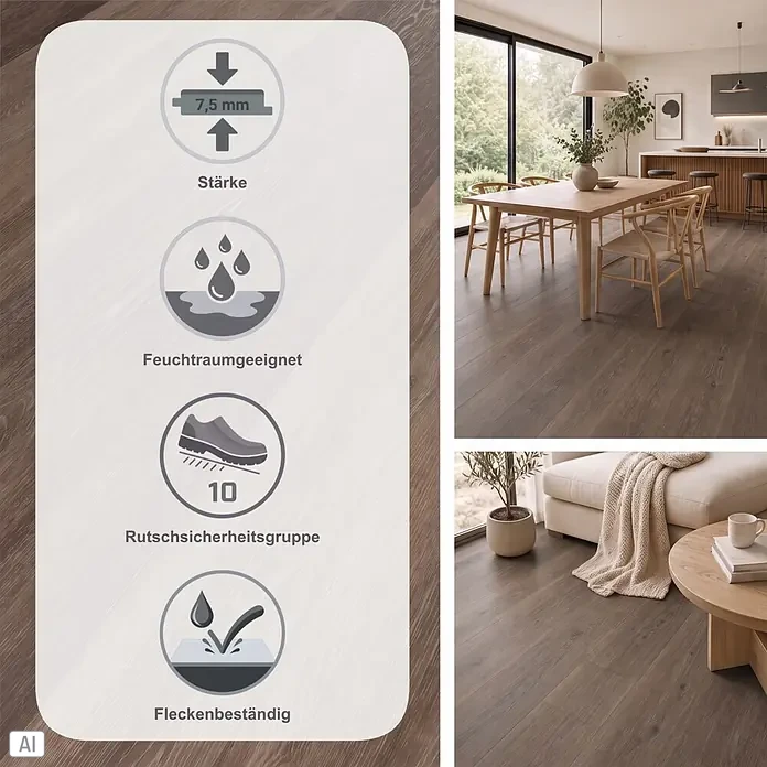 Vinylboden Sly 1:2:3 - Oxford Oak, Mehrstab - Brauner Bodenbelag in Holzoptik mit Icons: 7,5mm Stärke, Feuchtraumeignung, Rutschsicherheitsgruppe 10, Fleckenbeständigkeit, in einem Zuhause.
