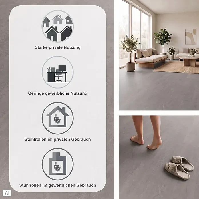 b!design Vinylboden SPC - Udine, Fliese, 609,6 x 304,8 x 3,8 mm - Grauer Boden in modernem Wohnzimmer und mit Füßen/Hausschuhen. Infografik zeigt Eignung für Privat-/Gewerbenutzung und Stuhlrollen.