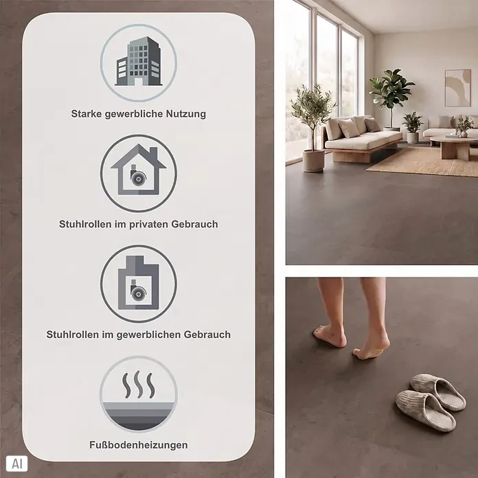 Vinylboden Isocore Inside - Umbria, Fliese, 600 x 600 x 8 mm - Dunkelbrauner Bodenbelag mit Infografik zur Eignung für gewerbliche Nutzung, Stuhlrollen und Fußbodenheizung, im Wohnraum mit Füßen und Pantoffeln.