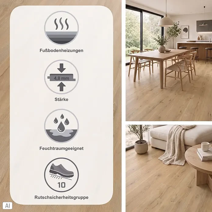 b!design Vinylboden Rigid Maxi - Ashton Eiche, Landhausdiele, 1.220 x 228 x 4,8 mm - Heller Holzboden in modernem Zuhause, mit Merkmalen: Fußbodenheizung, 4,8mm Stärke, Feuchtraumeignung, Rutschsicherheitsgruppe 10.