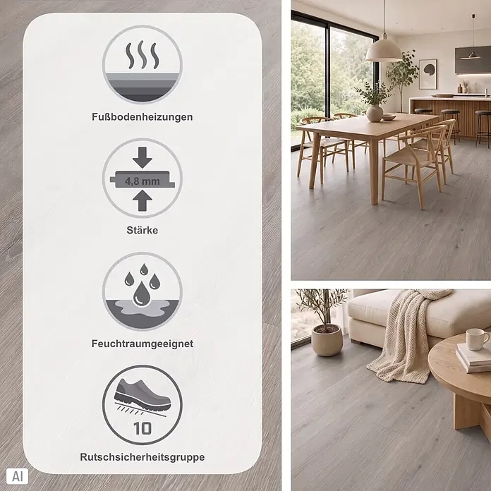 b!design Vinylboden Rigid Maxi - Woodstock Eiche, Landhausdiele, 1.220 x 228 x 4,8 mm - Hellgrauer Bodenbelag in Holzoptik, 4,8 mm dick, für Fußbodenheizung und Feuchträume geeignet, Rutschsicherheitsgruppe 10.