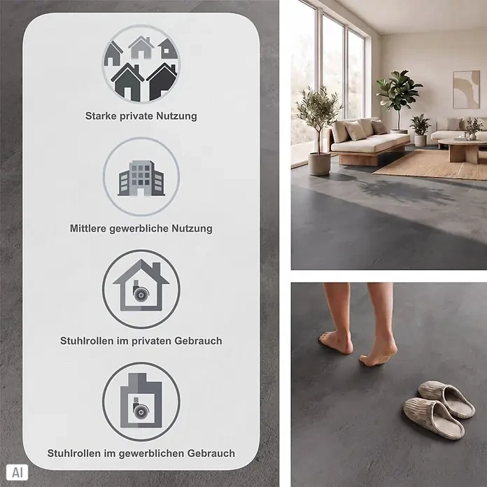 Vinylboden Strong SPC - Travertin Cannstatt, Fliese, 935 x 465 x 6,5 mm - Dunkelgrauer Bodenbelag in modernem Wohnzimmer und mit bloßen Füßen, geeignet für starke private und mittlere gewerbliche Nutzung, auch mit Stuhlrollen.