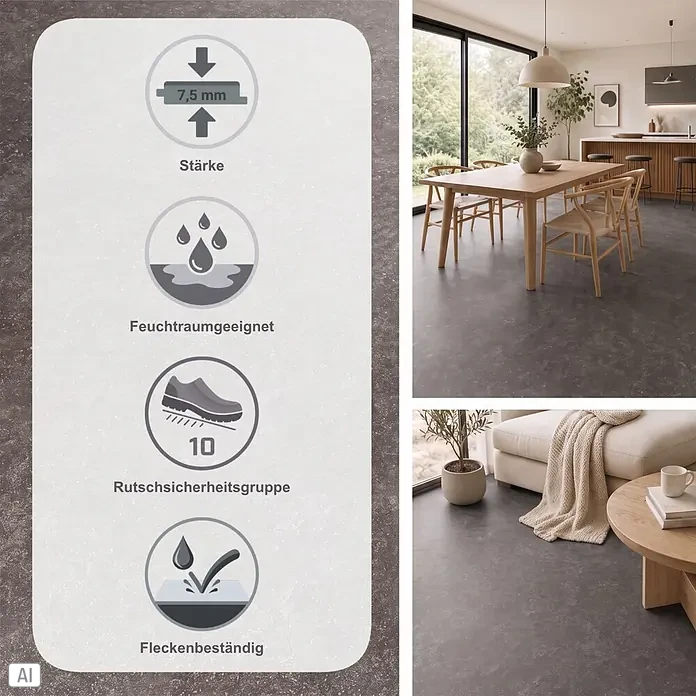 Vinylboden Sly L - Lava, Fliese, 812,8 x 406,4 x 7,5 mm - Dunkelgrauer strukturierter Bodenbelag mit Icons für 7,5 mm Stärke, Feuchtraumeignung, Rutschsicherheitsgruppe 10 und Fleckenbeständigkeit, in modernem Zuhause gezeigt.