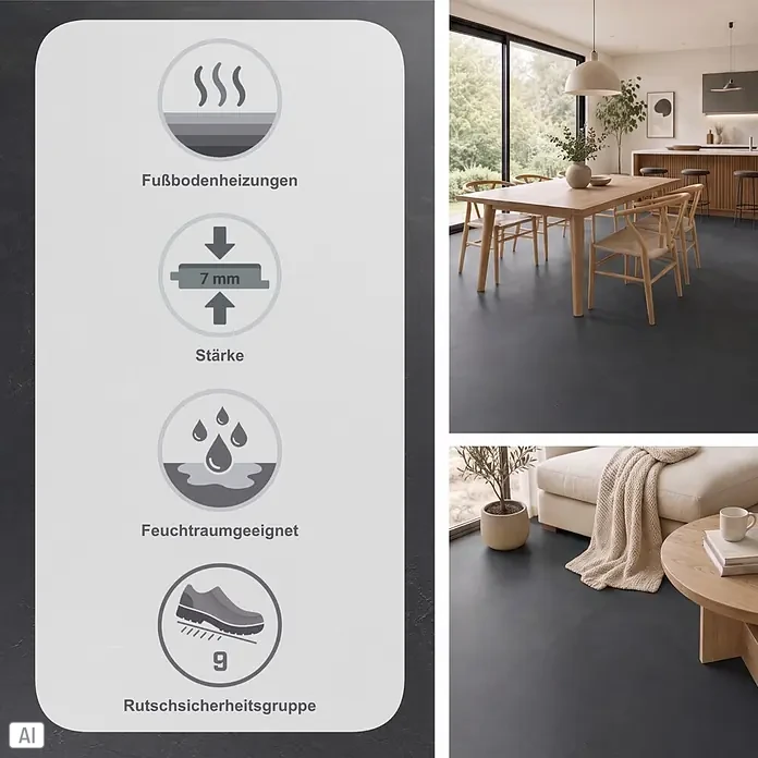 b!design Vinylboden Isocore Inside - Tile Valencia, Fliese, 906 x 448 x 7 mm - Dunkelgrauer Bodenbelag mit 7 mm Stärke, geeignet für Fußbodenheizung und Feuchträume, sowie Rutschsicherheitsgruppe 9, gezeigt in einem modernen Zuhause.