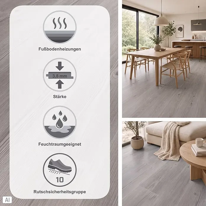 b!design Vinylboden Rigid SPC - Swiss Pinie, Landhausdiele, 1.220 x 181 x 3,8 mm - Hellgraue Fußbodendielen in Holzoptik, 3,8 mm dick, für Fußbodenheizung und Feuchträume geeignet, Rutschsicherheitsgruppe 10.