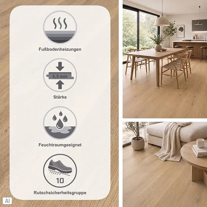 Vinylboden Strong SPC - Thiemsburg, Landhausdiele, 1.524 x 228 x 6,5 mm - Heller Holzoptik-Bodenbelag mit Infografiken: fußbodenheizungs- und feuchtraumgeeignet, 6,5 mm stark, Rutschsicherheitsgruppe 10.