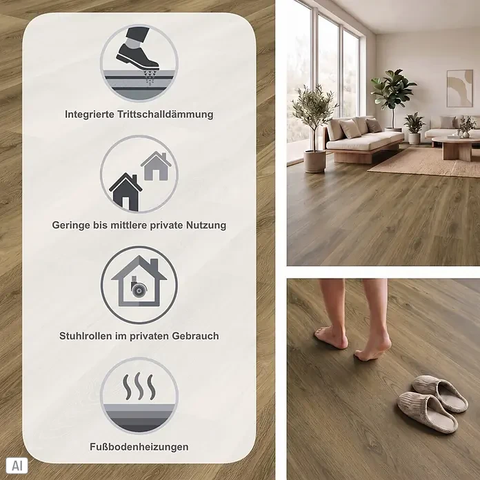 Vinylboden Rigid - Eiche City, Landhausdiele, 1.220 x 180 x 4,5 mm - Holzoptik-Laminatboden in einem Wohnzimmer, hervorgehoben mit Icons für integrierte Trittschalldämmung, geringe/mittlere private Nutzung, Stuhlrolleneignung und Fußbodenheizung.