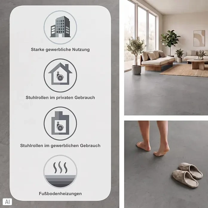 Vinylboden Isocore Inside - Abruzzo, Fliese, 600 x 600 x 8 mm - Grauer Bodenbelag, geeignet für starke gewerbliche Nutzung, stuhlrollengeeignet (privat/gewerblich) und fußbodenheizungskompatibel, präsentiert in einem Wohnambiente.