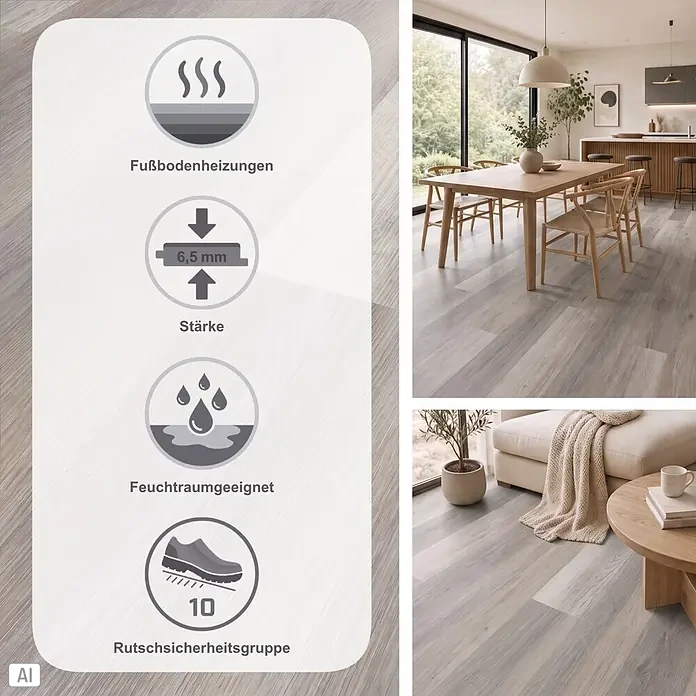 Vinylboden Strong SPC - Hexenberg, Landhausdiele, 1.524 x 228 x 6,5 mm - Heller, holzoptischer Bodenbelag in Grau mit Symbolen für Fußbodenheizung, 6,5mm Stärke, Feuchtraumeignung und Rutschsicherheitsgruppe 10.