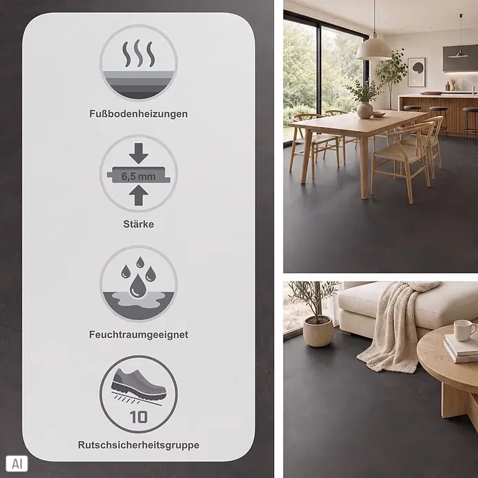 Vinylboden Strong SPC - Travertin Gerdoo, Fliese, 935 x 465 x 6,5 mm - Dunkelgrauer Bodenbelag in modernem Interieur, geeignet für Fußbodenheizungen, 6,5mm Stärke, Feuchträume und Rutschsicherheitsgruppe 10.