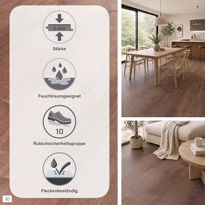 Star Clic Vinylboden More+ - Smoky Oak Natural, Landhausdiele, 1.210 x 220 x 5 mm - Dunkelbrauner Holzoptik-Bodenbelag (5mm), feuchtraumgeeignet, rutschhemmend (Gruppe 10) und fleckenbeständig, in einem modernen Zuhause.