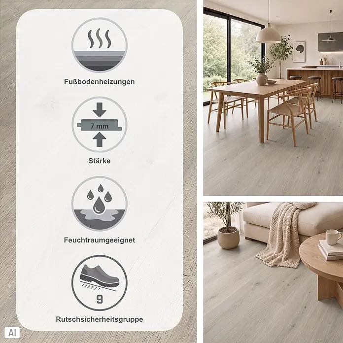b!design Vinylboden Isocore Inside - Versailles, Landhausdiele, 1.510 x 300 x 7 mm - Heller grau-holzfarbener Bodenbelag, 7 mm dick, für Fußbodenheizung und Feuchträume, Rutschsicherheitsgruppe 9.