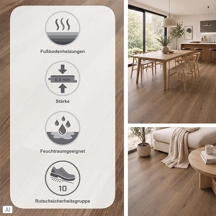 Vinylboden Strong SPC - Hainich, Landhausdiele, 1.524 x 228 x 6,5 mm - Holzoptik-Bodenbelag mit 6,5mm Stärke, für Fußbodenheizung und Feuchträume geeignet, Rutschsicherheitsgruppe 10. Gezeigt in modernem Wohnambiente.
