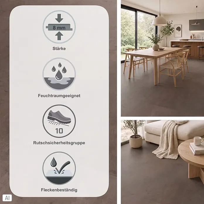 Vinylboden Isocore Inside - Umbria, Fliese, 600 x 600 x 8 mm - Dunkelgraue, strukturierte Bodenfliesen mit Symbolen für 8mm Stärke, Feuchtraumeignung, Rutschsicherheitsgruppe 10 und Fleckenbeständigkeit, in modernen Wohnräumen gezeigt.