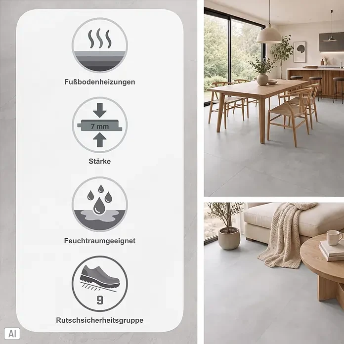 b!design Vinylboden Isocore Inside - Tile Coral, Fliese, 906 x 448 x 7 mm - Heller, grauer Bodenbelag mit 7mm Stärke, feuchtraumgeeignet, rutschsicher (R9) und fußbodenheizungsfreundlich.