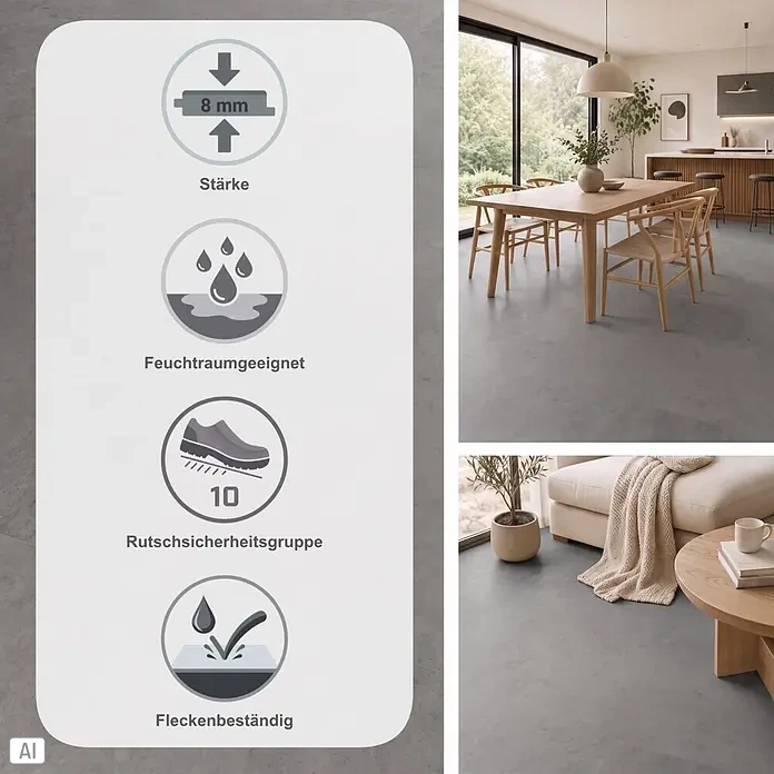 Vinylboden Isocore Inside - Abruzzo, Fliese, 600 x 600 x 8 mm - Grauer Bodenbelag in Betonoptik (8mm Stärke), feuchtraumgeeignet, rutschsicher (Gruppe 10) und fleckenbeständig, gezeigt in einem modernen Zuhause.