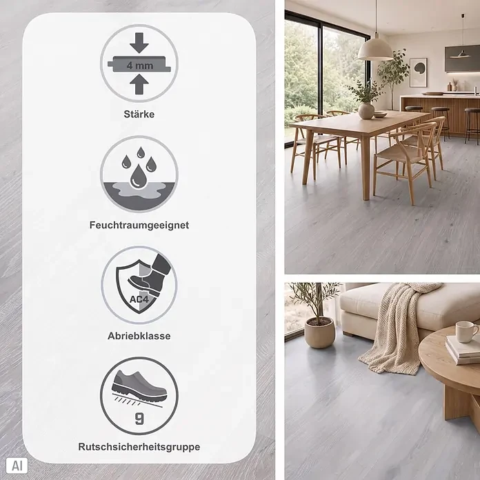 Classen Vinylboden GreenVinyl - Eiche gekalkt Grau, Landhausdiele, 1.290 x 173 x 4 mm - Hellgrauer Bodenbelag (4mm, feuchtraumgeeignet, Abrieb AC4, Rutschklasse R9) mit Symbolen und in Wohnbereichen gezeigt.