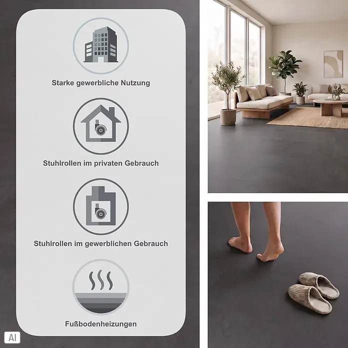 Vinylboden Isocore Inside - Lombardia, Fliese, 600 x 600 x 8 mm - Dunkelgrauer Boden, der Eignung für starke gewerbliche Nutzung, Stuhlrollen (privat/gewerblich) und Fußbodenheizungen zeigt.