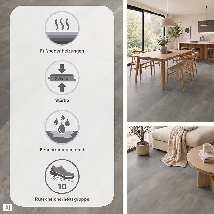 Fixed Vinylboden - Beton, 609,6 x 304,8 x 2,5 mm - Grauer Designboden, 2,5mm stark, fußbodenheizungs- & feuchtraumgeeignet, Rutschsicherheitsgruppe 10, in modernen Wohnräumen präsentiert.