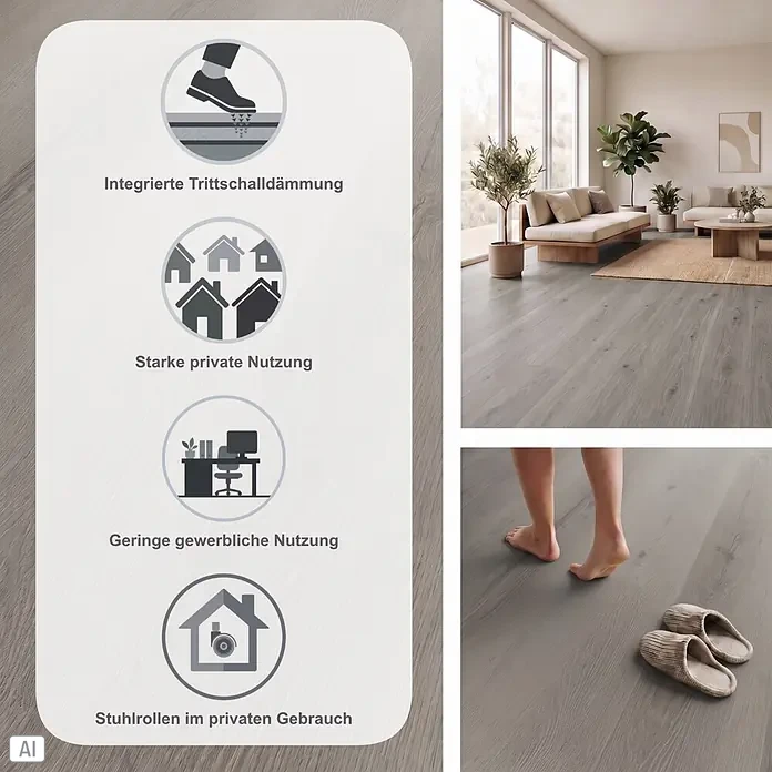 b!design Vinylboden SPC Silent - Albany, Landhausdiele, 1.220 x 230 x 4,8 mm - Grauer Bodenbelag in Holzoptik mit integrierter Trittschalldämmung, geeignet für starke private und geringe gewerbliche Nutzung sowie Stuhlrollen.